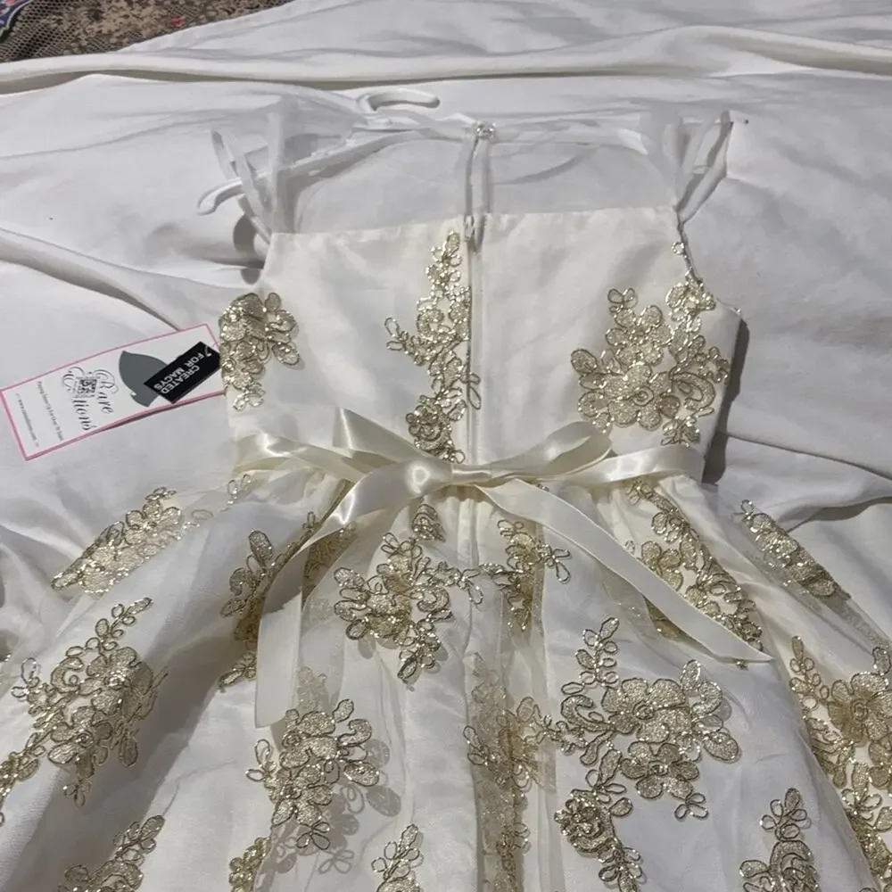 Rare Editions 7 Ivory Dress with Gold Embroidery on tulle very dressy nwt